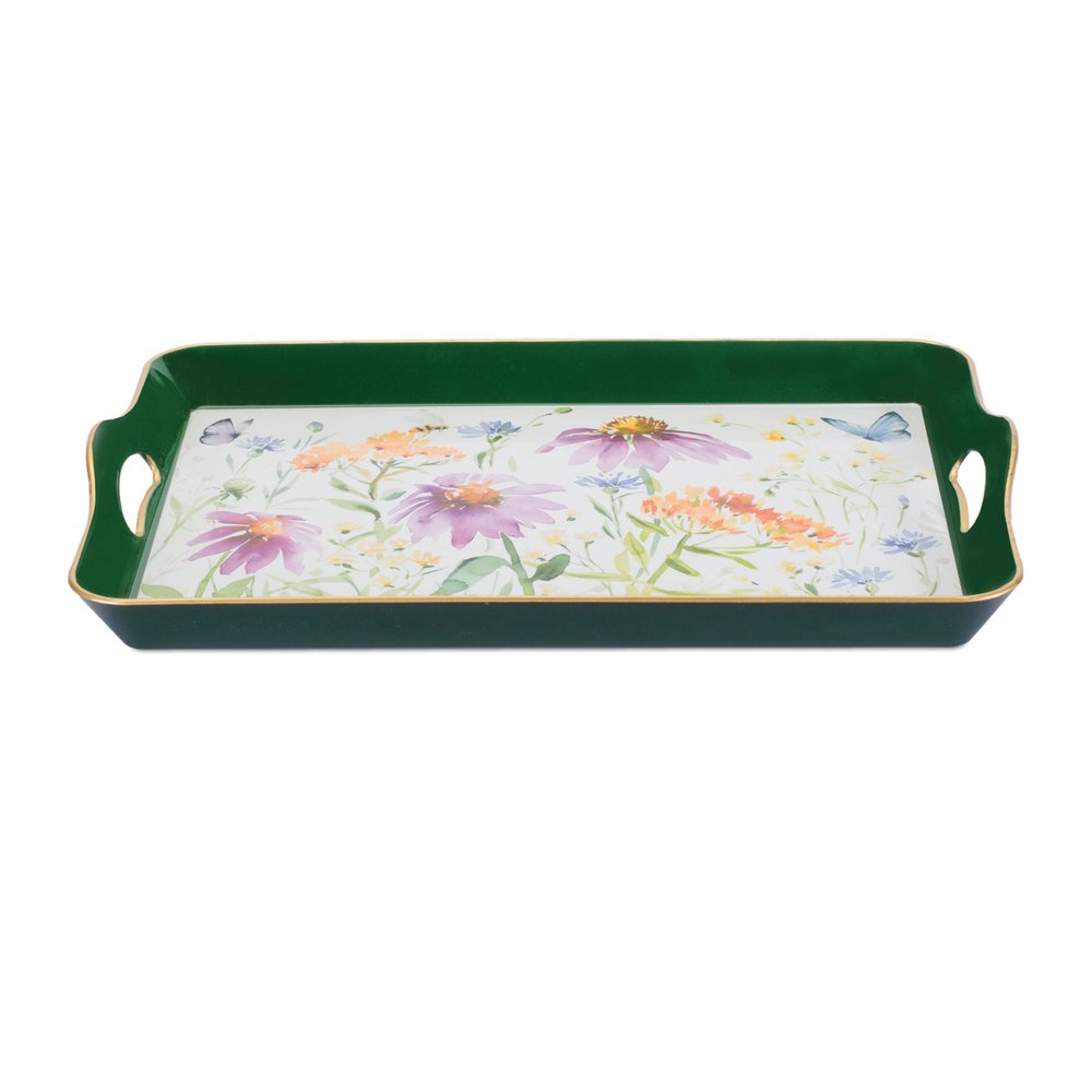 17" Green And White Watercolor Floral Serving Tray With Handles HomeRoots