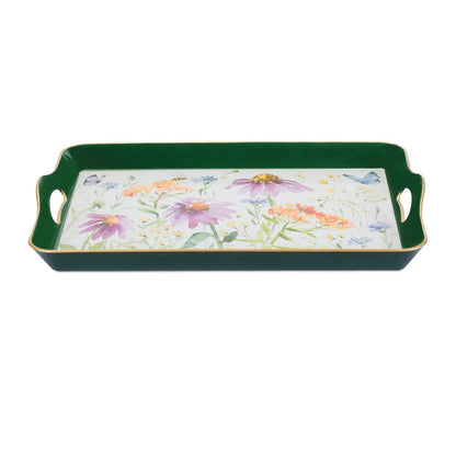 17" Green And White Watercolor Floral Serving Tray With Handles HomeRoots