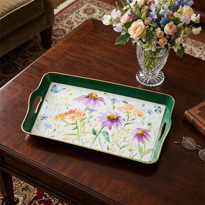 17" Green And White Watercolor Floral Serving Tray With Handles HomeRoots