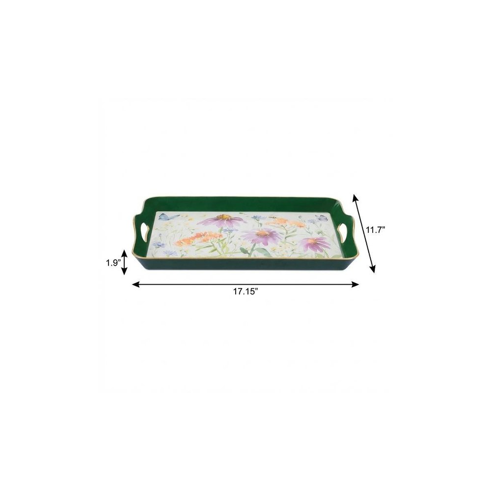 17" Green And White Watercolor Floral Serving Tray With Handles HomeRoots