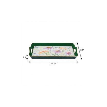 17" Green And White Watercolor Floral Serving Tray With Handles HomeRoots