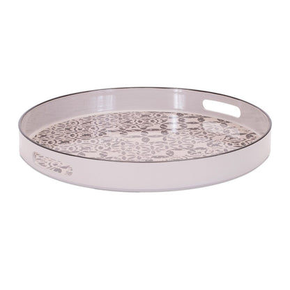 14" Cream And Gray Geometric Pad Print Round Serving Tray With Handles HomeRoots