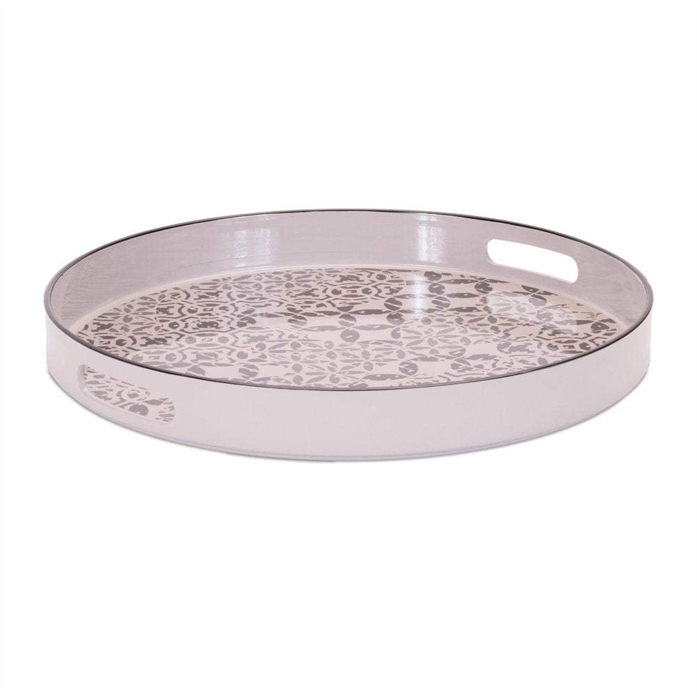 14" Cream And Gray Geometric Pad Print Round Serving Tray With Handles HomeRoots