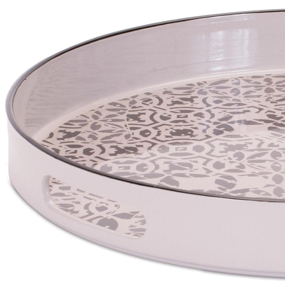 14" Cream And Gray Geometric Pad Print Round Serving Tray With Handles HomeRoots