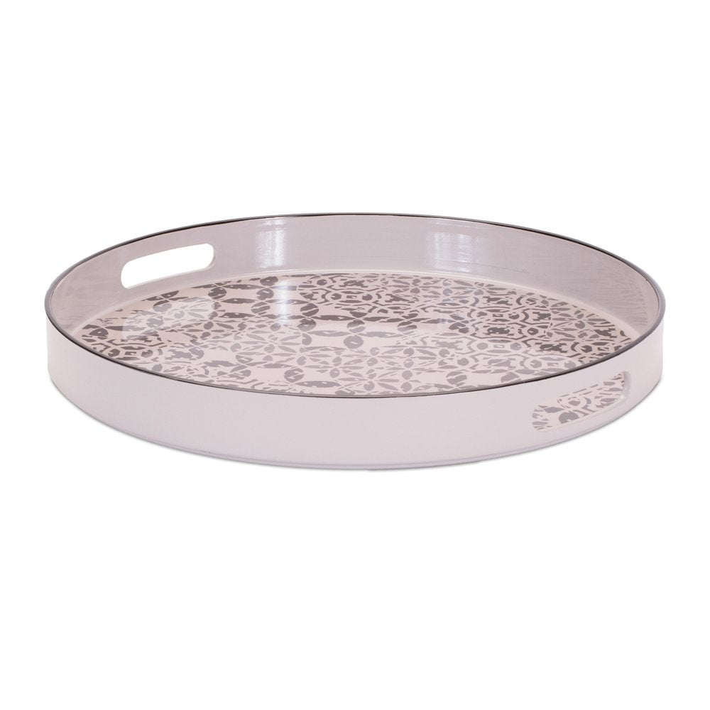 14" Cream And Gray Geometric Pad Print Round Serving Tray With Handles HomeRoots