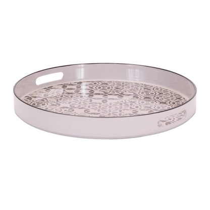 14" Cream And Gray Geometric Pad Print Round Serving Tray With Handles HomeRoots