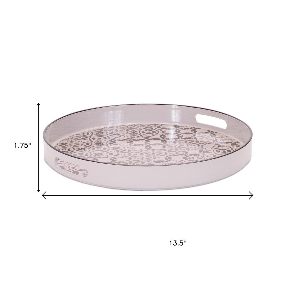 14" Cream And Gray Geometric Pad Print Round Serving Tray With Handles HomeRoots