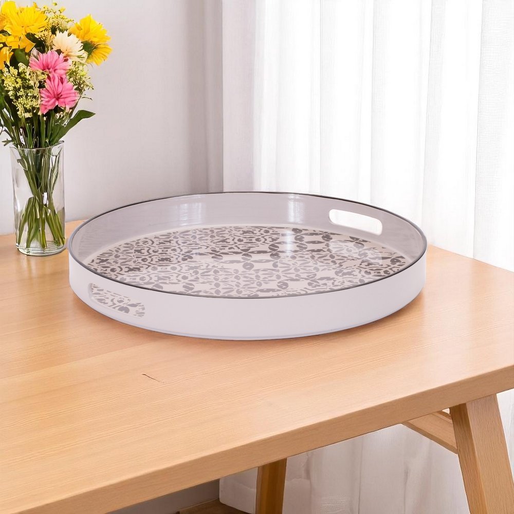 14" Cream And Gray Geometric Pad Print Round Serving Tray With Handles HomeRoots