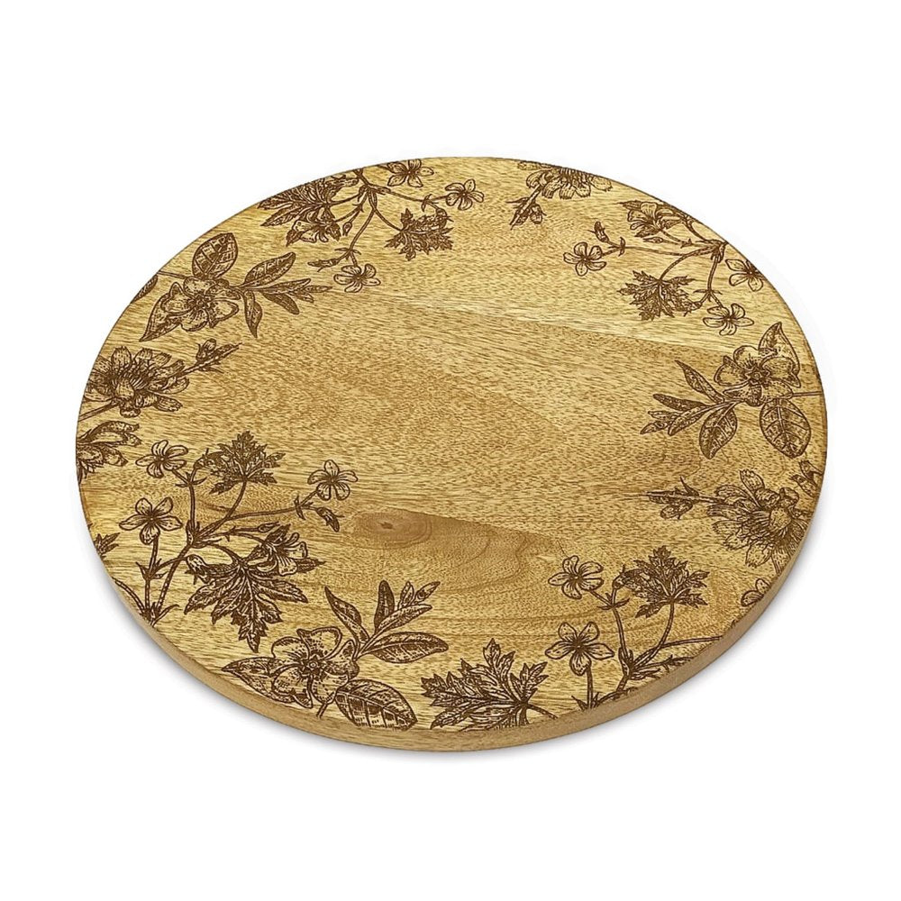 12" Brown Solid Wood Floral Round Serving Tray HomeRoots