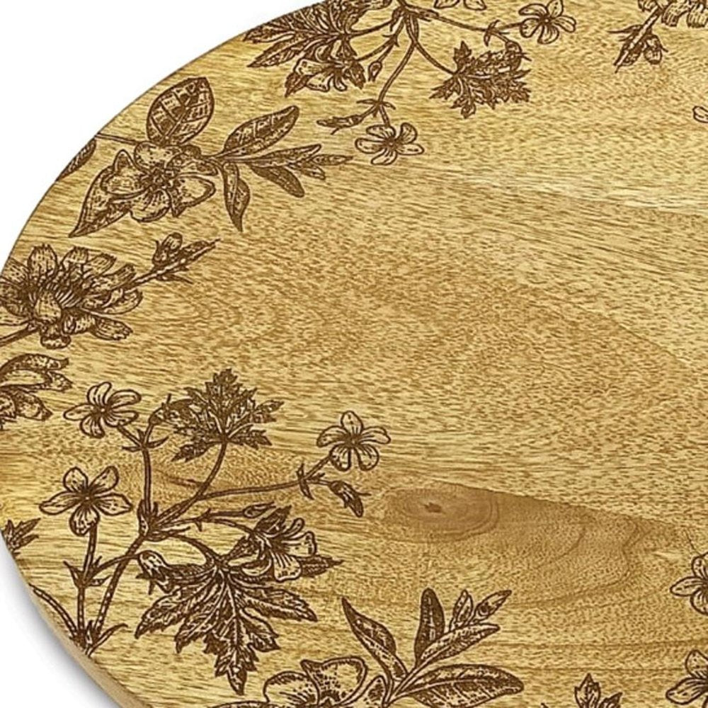 12" Brown Solid Wood Floral Round Serving Tray HomeRoots
