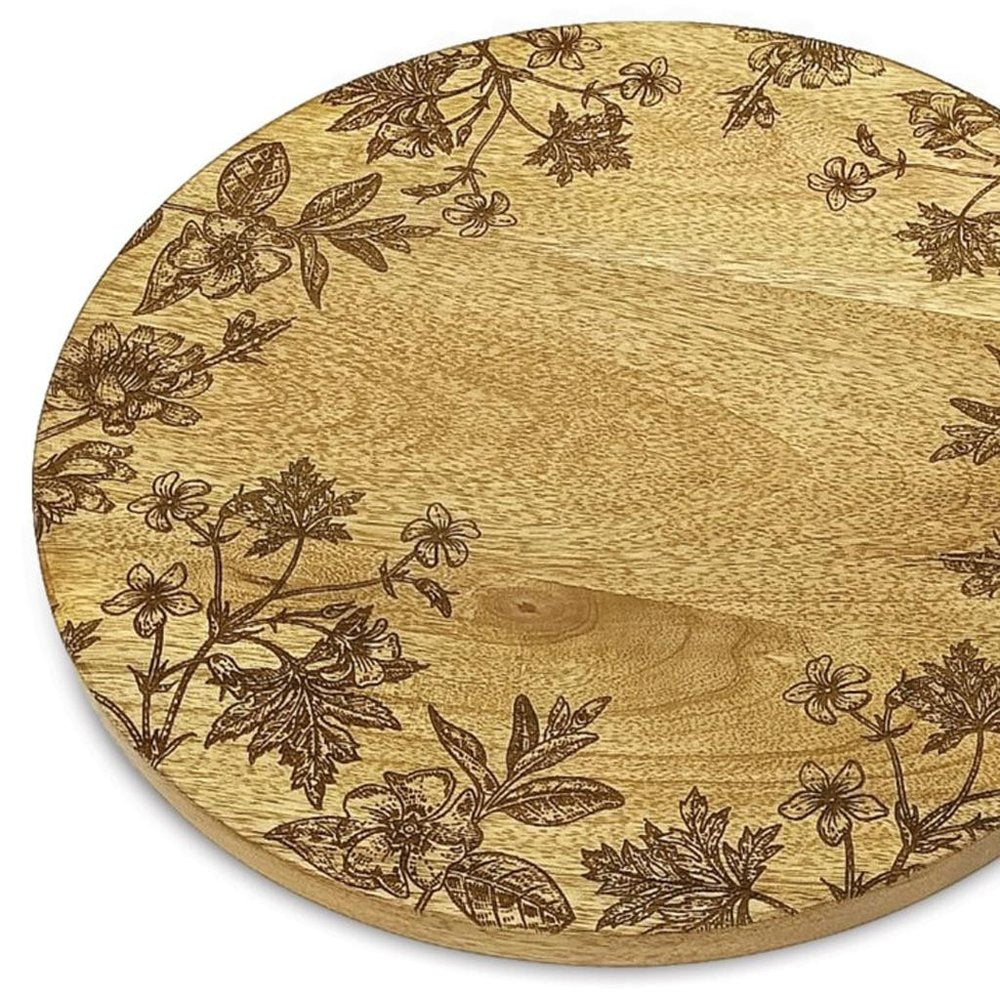 12" Brown Solid Wood Floral Round Serving Tray HomeRoots