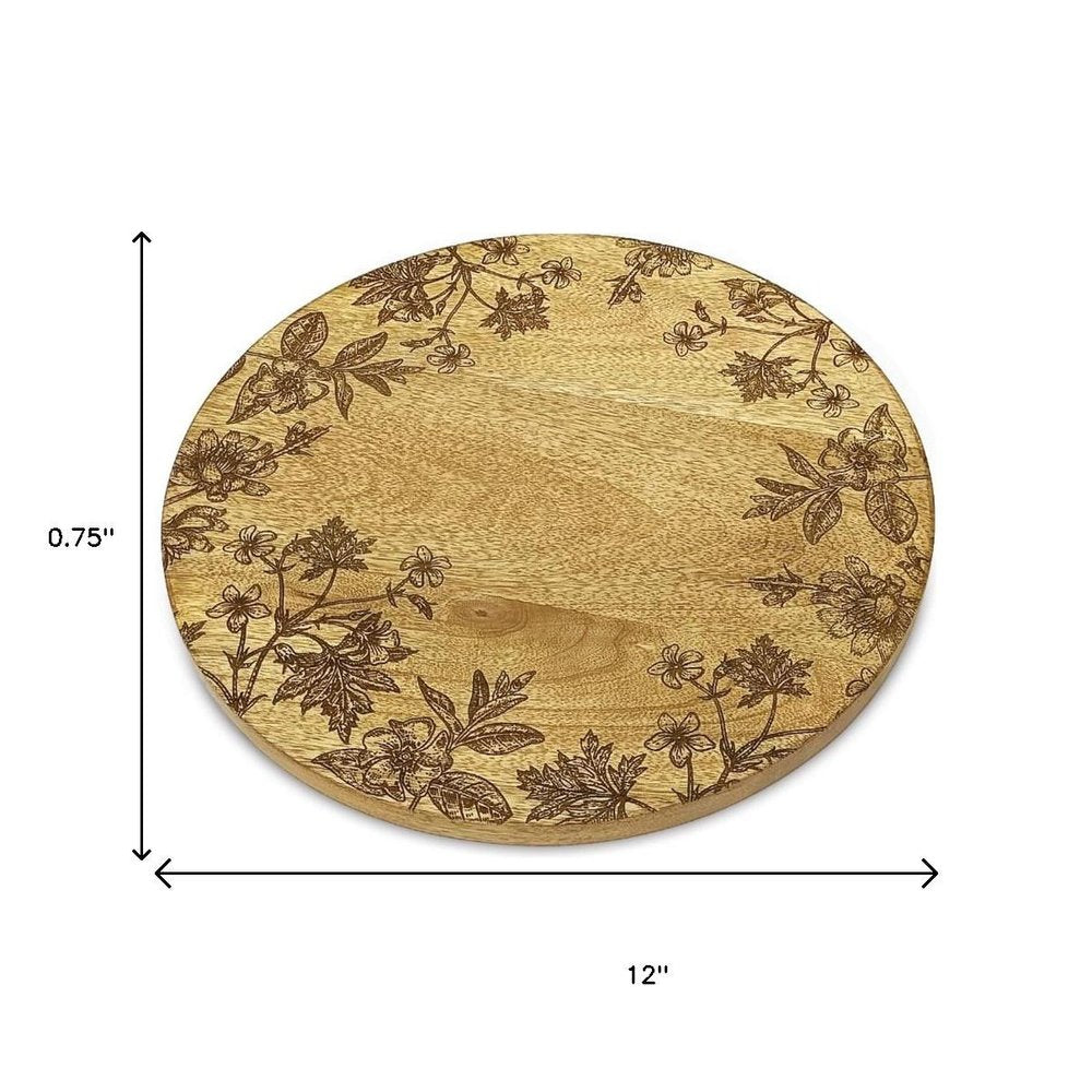 12" Brown Solid Wood Floral Round Serving Tray HomeRoots