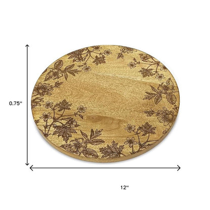 12" Brown Solid Wood Floral Round Serving Tray HomeRoots