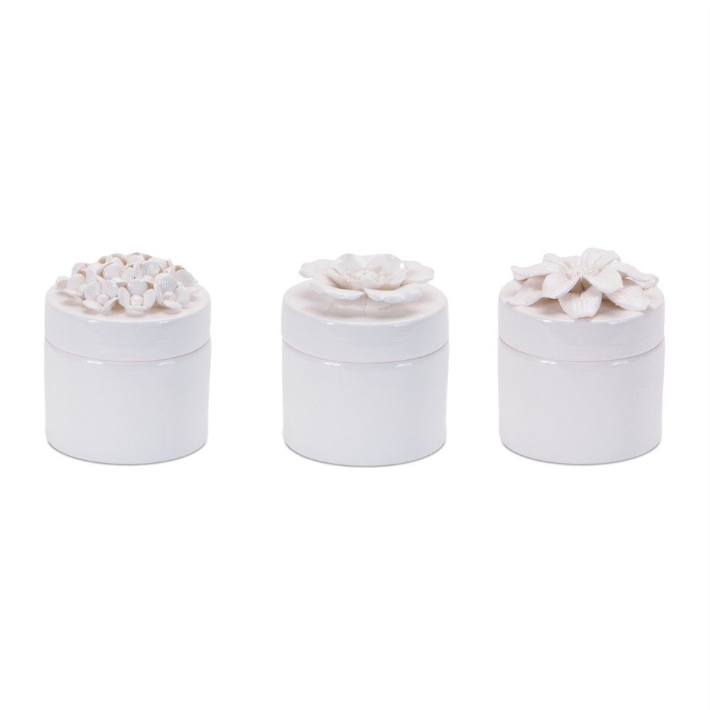 Set of Three White Ceramic Flowers Decorative Keepsake Boxes HomeRoots