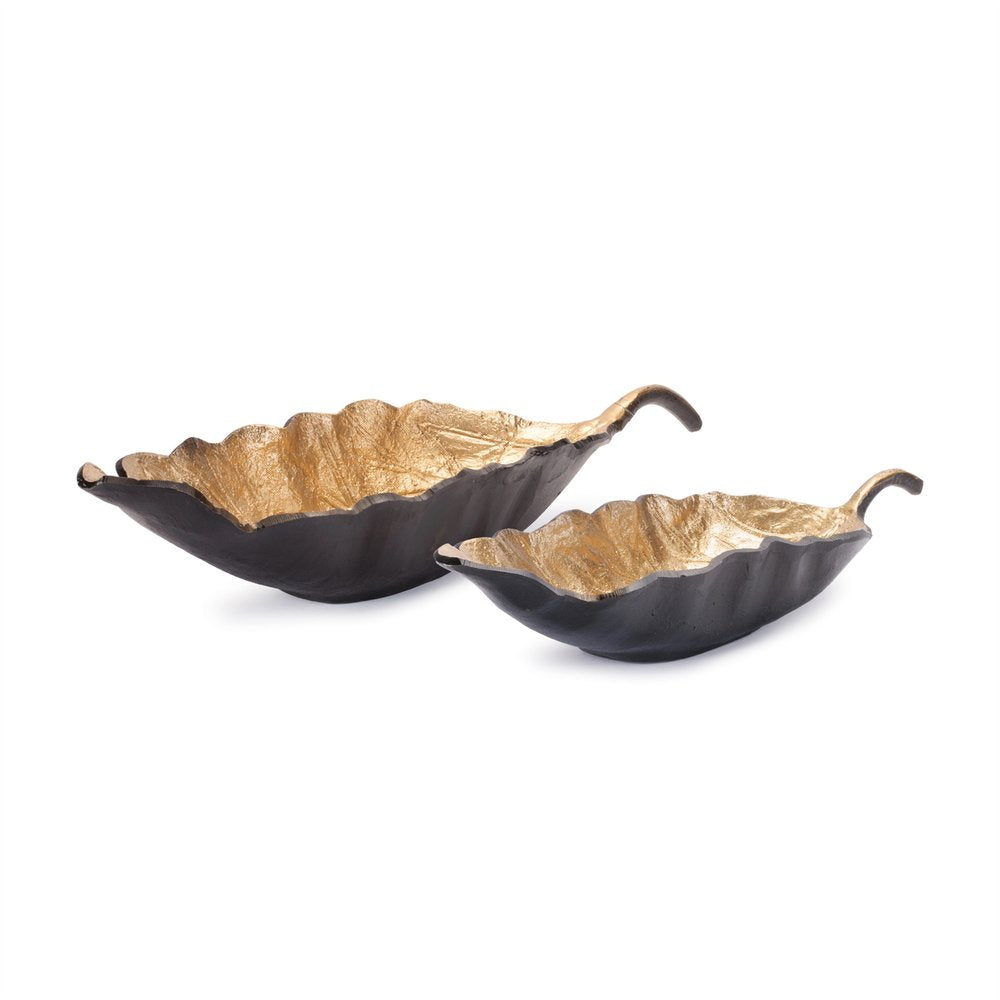 Set of Two 25" Black And Gold Cast Aluminum Rustic Leaf Centerpiece Bowls HomeRoots