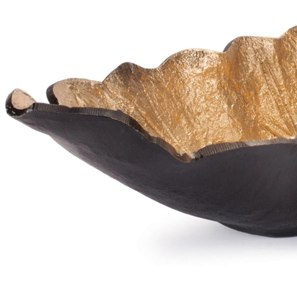 Set of Two 25" Black And Gold Cast Aluminum Rustic Leaf Centerpiece Bowls HomeRoots
