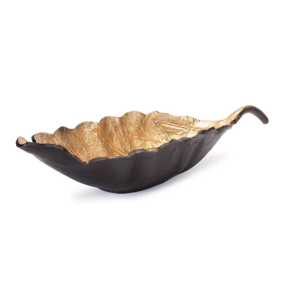 Set of Two 25" Black And Gold Cast Aluminum Rustic Leaf Centerpiece Bowls HomeRoots
