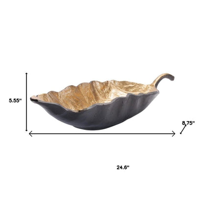 Set of Two 25" Black And Gold Cast Aluminum Rustic Leaf Centerpiece Bowls HomeRoots