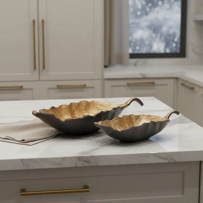 Set of Two 25" Black And Gold Cast Aluminum Rustic Leaf Centerpiece Bowls HomeRoots