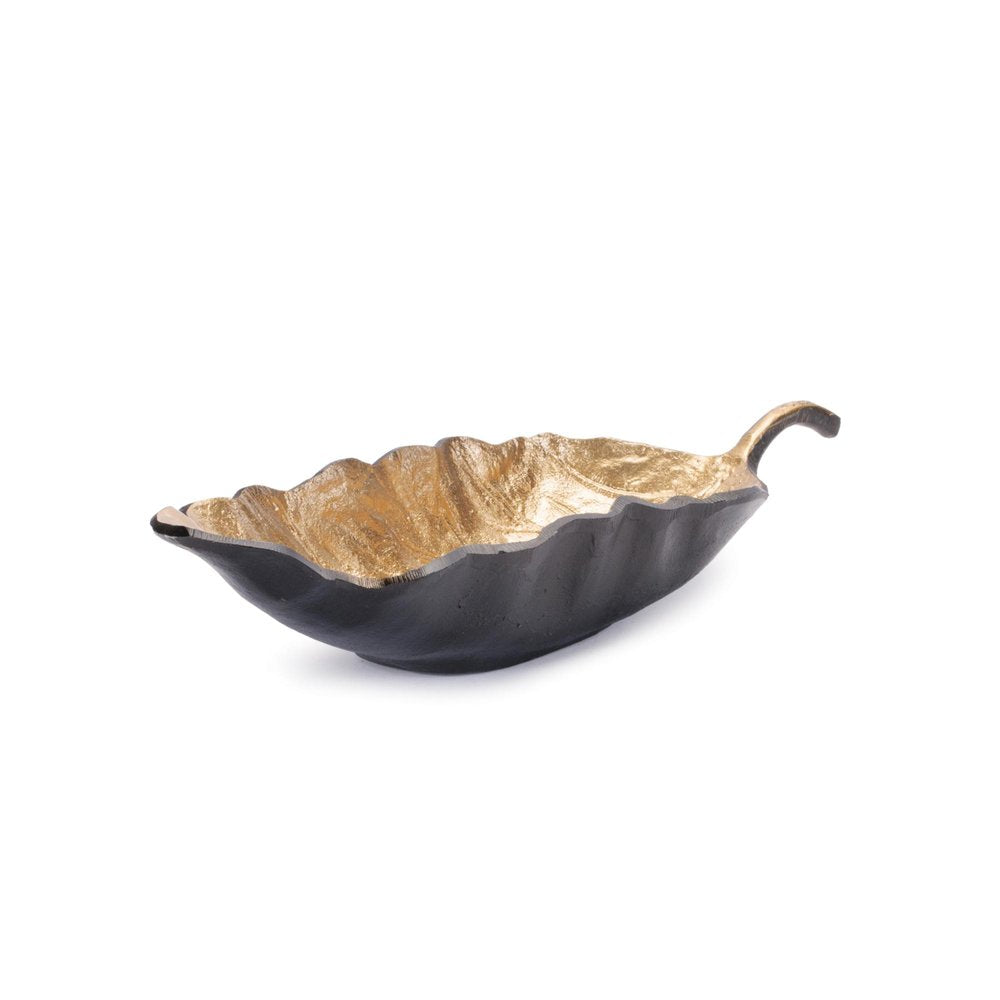Set of Two 25" Black And Gold Cast Aluminum Rustic Leaf Centerpiece Bowls HomeRoots