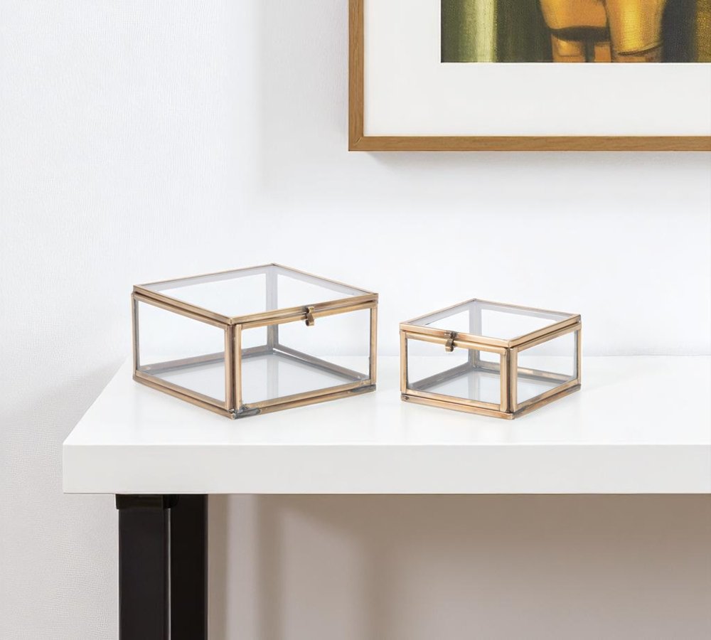 Set of Two Clear And Gold Glass Decorative Keepsake Boxes HomeRoots
