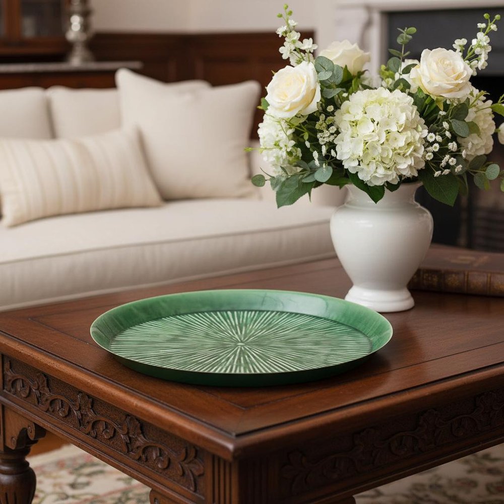 14" Green Metal Etched Round Serving Tray HomeRoots
