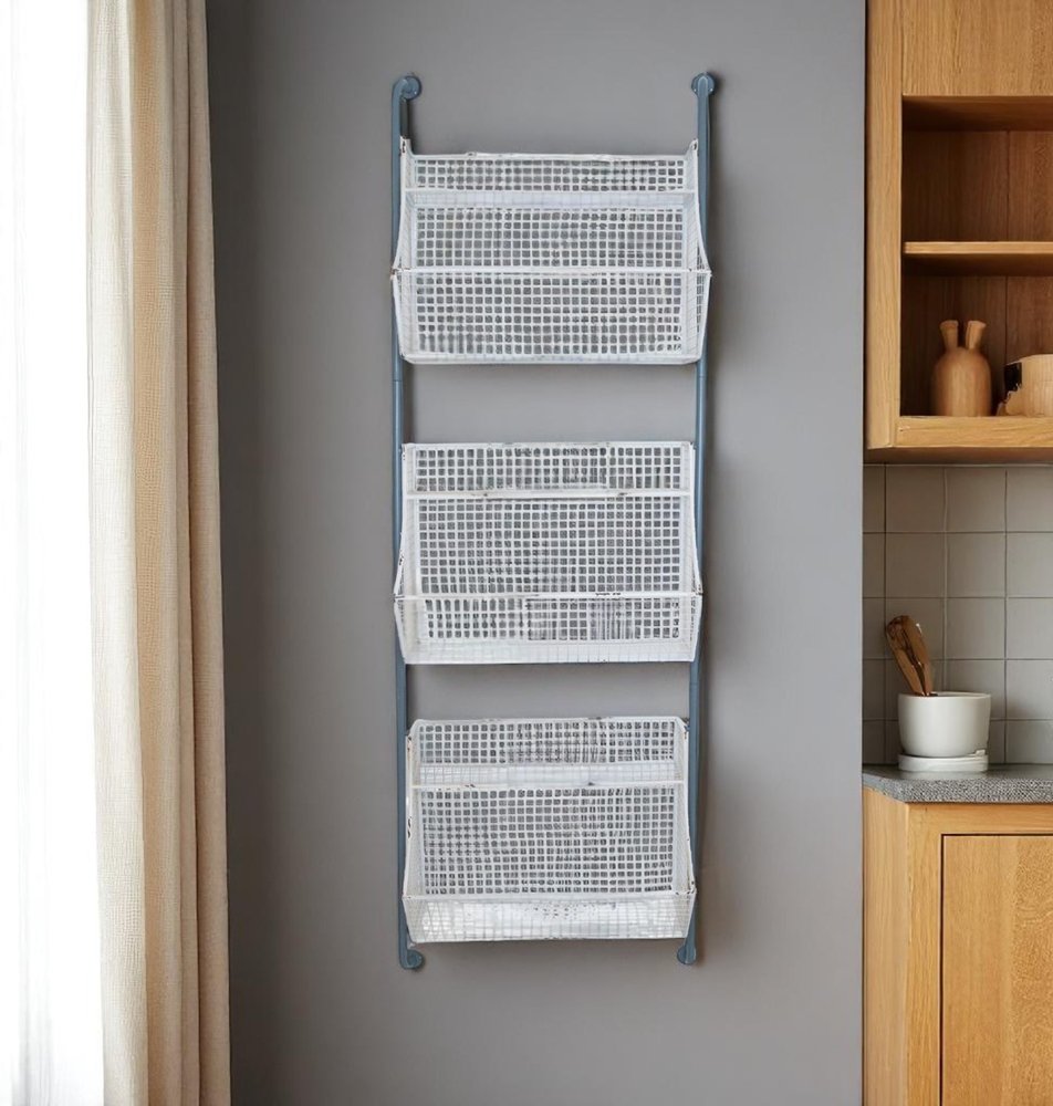 24" White And Gray Metal Baskets Wall Mounted Cubby Shelf HomeRoots