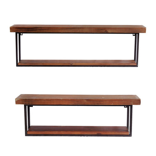 36" Set Of Two Black And Brown Wood And Metal Two Level Accent Shelf HomeRoots