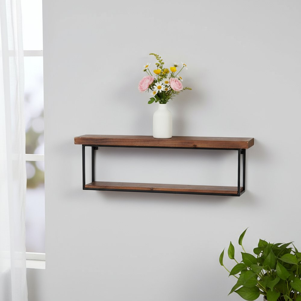 36" Set Of Two Black And Brown Wood And Metal Two Level Accent Shelf HomeRoots