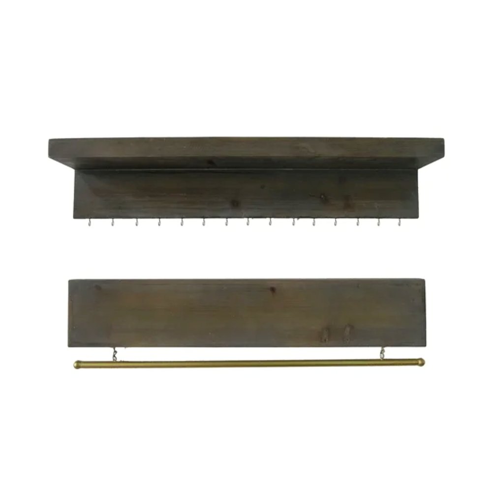Set Of Two Brown Wood Wall Mounted Accent Shelves With Hooks HomeRoots
