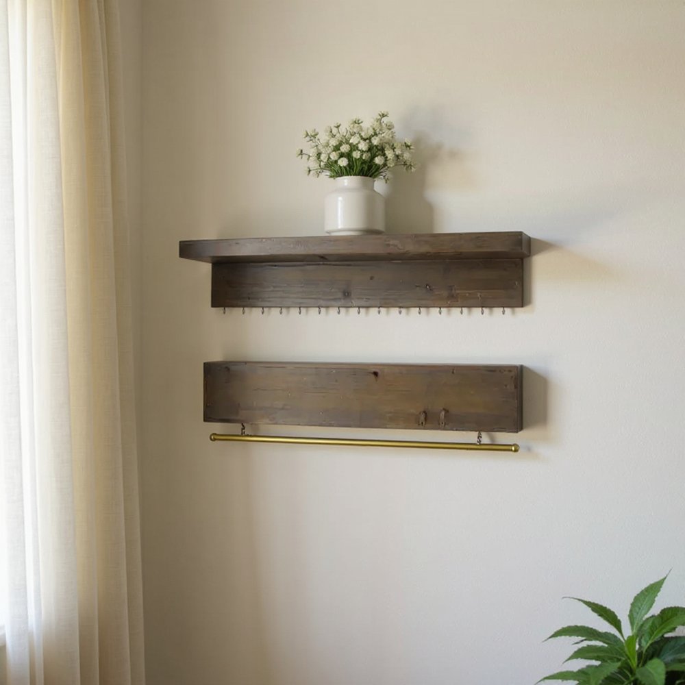 Set Of Two Brown Wood Wall Mounted Accent Shelves With Hooks HomeRoots