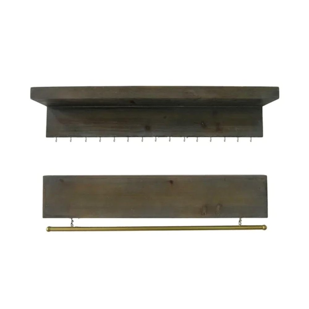 Set Of Two Brown Wood Wall Mounted Accent Shelves With Hooks HomeRoots