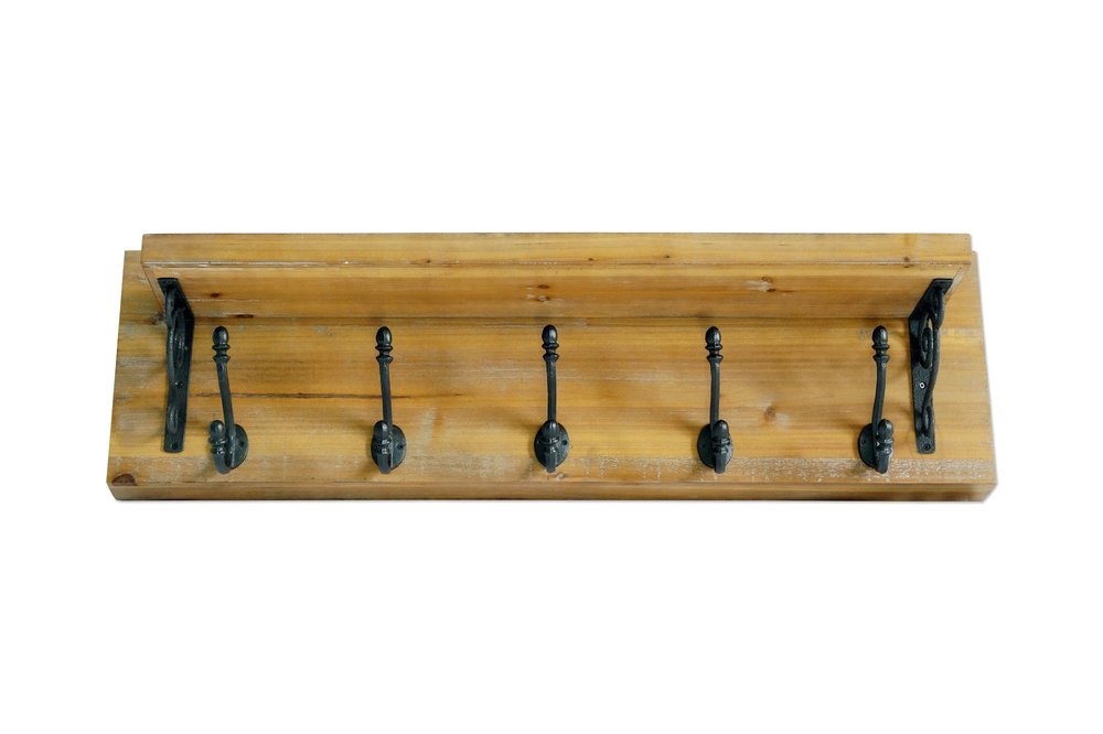 6" Black And Brown Metal And Solid Wood Five Hook Wall Mount Coat Rack — view 1