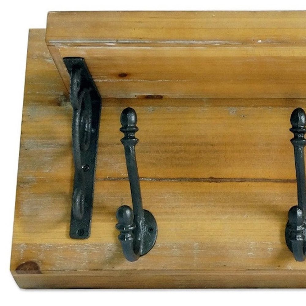 6" Black And Brown Metal And Solid Wood Five Hook Wall Mount Coat Rack HomeRoots