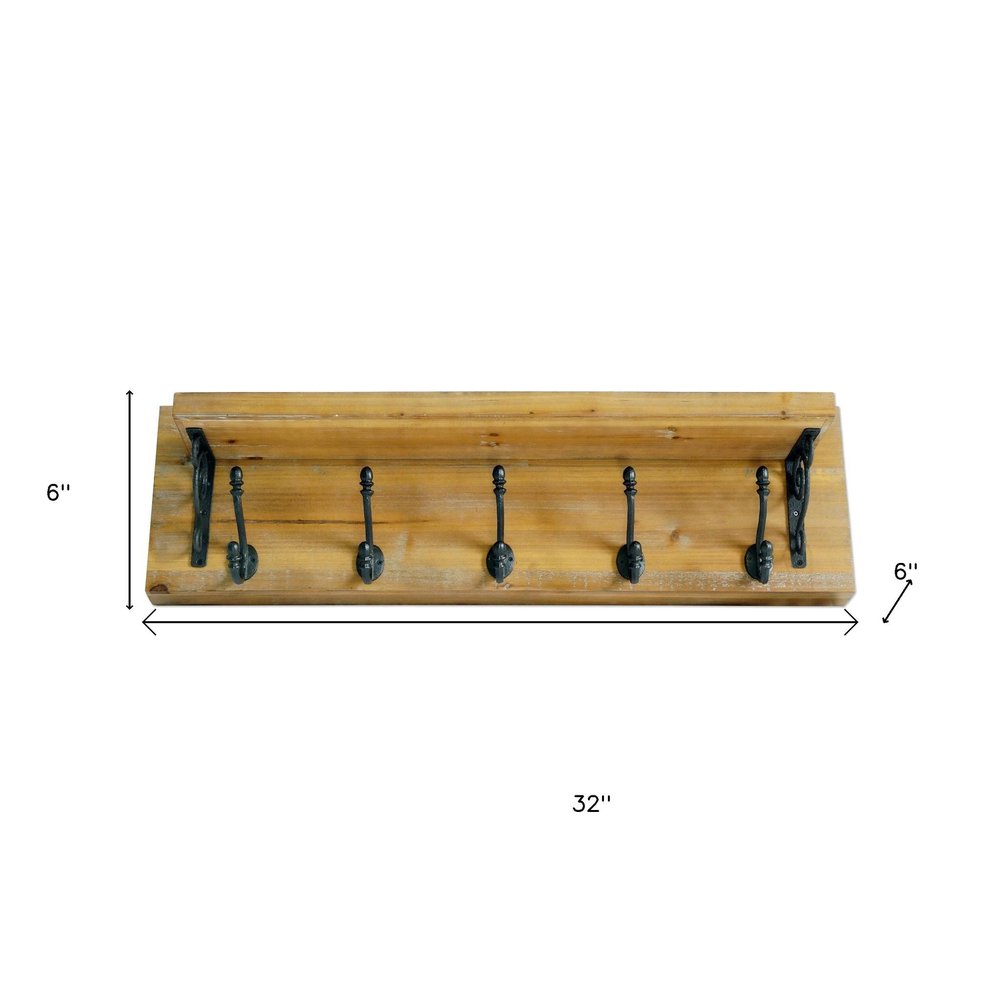 6" Black And Brown Metal And Solid Wood Five Hook Wall Mount Coat Rack HomeRoots