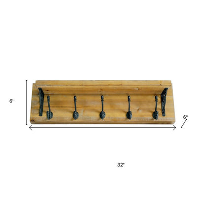 6" Black And Brown Metal And Solid Wood Five Hook Wall Mount Coat Rack HomeRoots