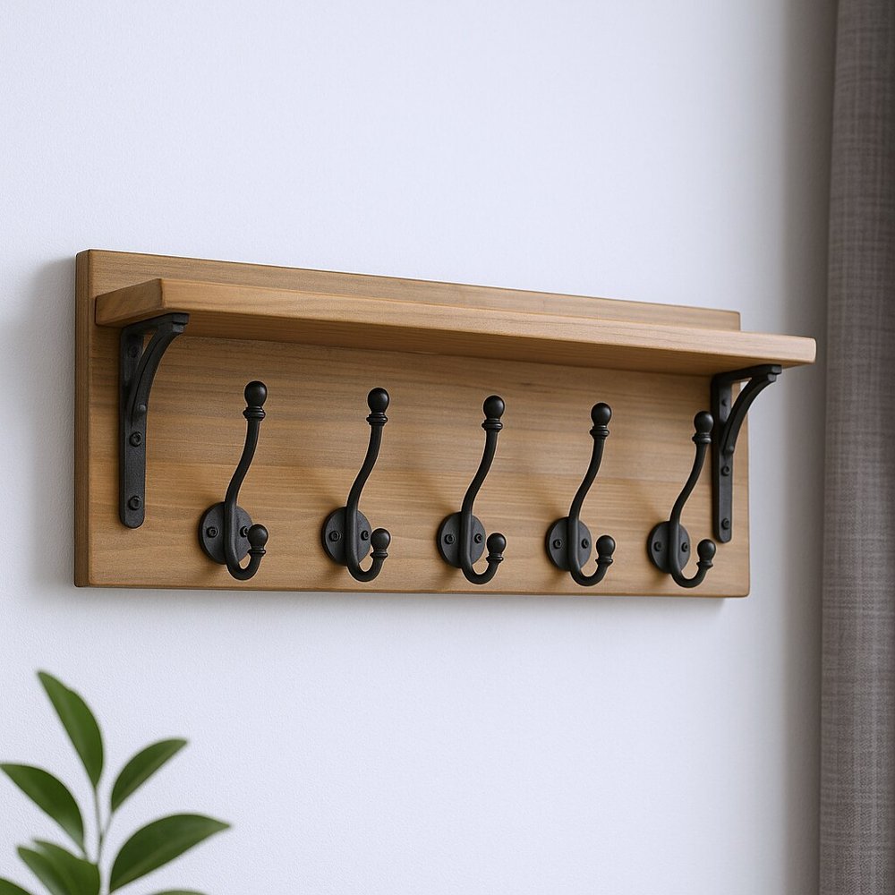 6" Black And Brown Metal And Solid Wood Five Hook Wall Mount Coat Rack HomeRoots