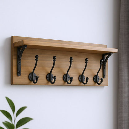 6" Black And Brown Metal And Solid Wood Five Hook Wall Mount Coat Rack HomeRoots