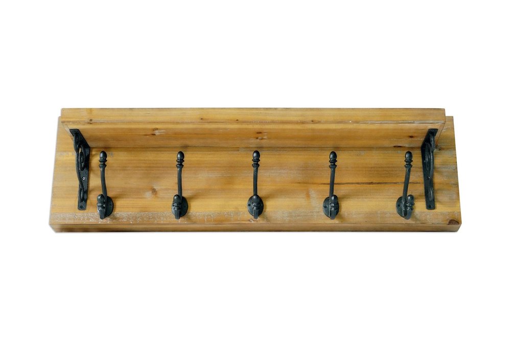 6" Black And Brown Metal And Solid Wood Five Hook Wall Mount Coat Rack HomeRoots