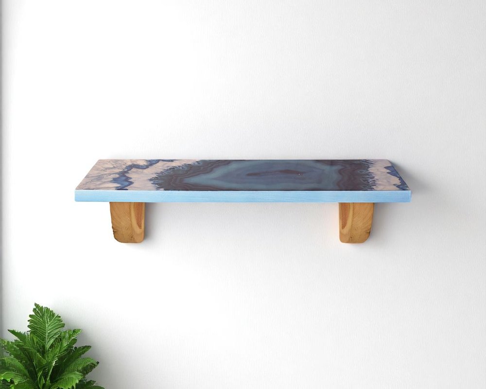 24" Blue And Natural Wood Agate Pattern Wall Mount Accent Shelf HomeRoots