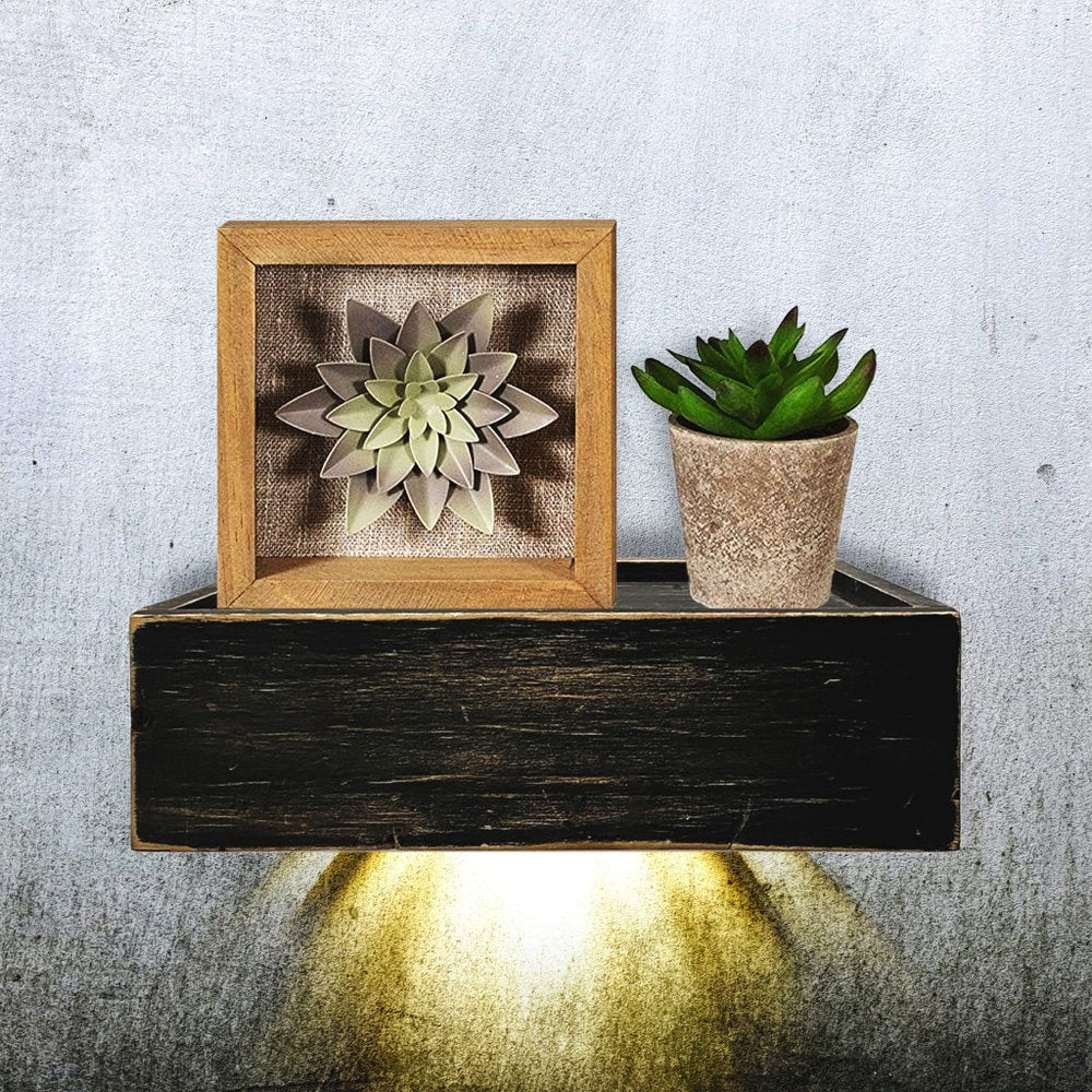 10" Black Distressed Wood Wall Mounted Floating Shelf With LED HomeRoots