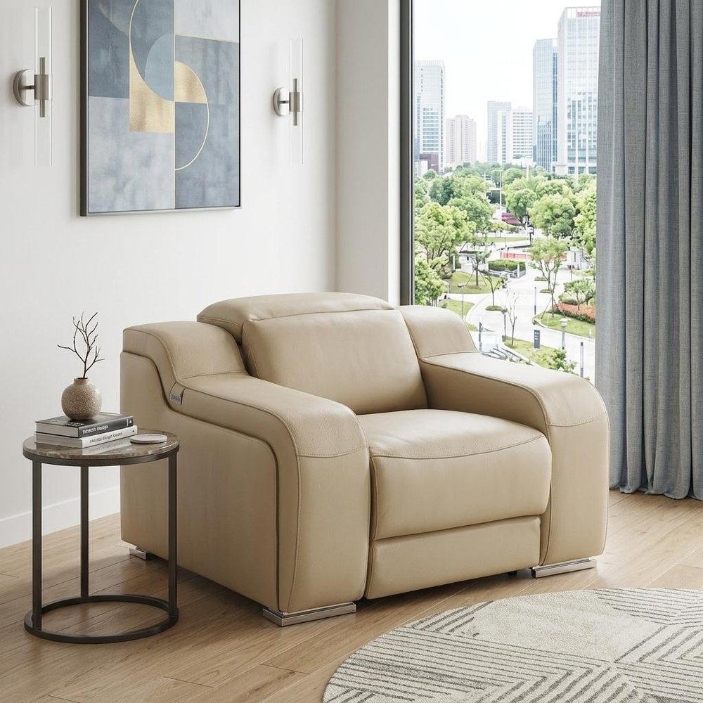 41" Beige Italian Leather Wall Hugger Recliner With USB