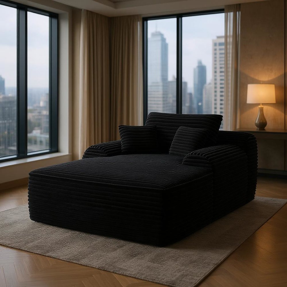 67" Black Corduroy Oversized Chaise Lounge Chair And Toss Pillows HomeRoots