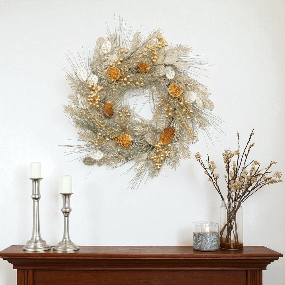 24" Gold And Silver Christmas Eucalyptus And Mixed Assortment Artificial Wreath HomeRoots