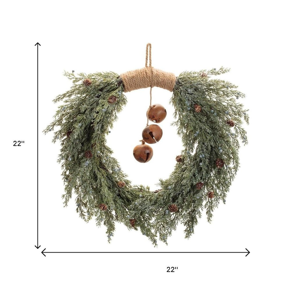 22" Green And Brown Pine And Jingle Bells Artificial Christmas Wreath HomeRoots