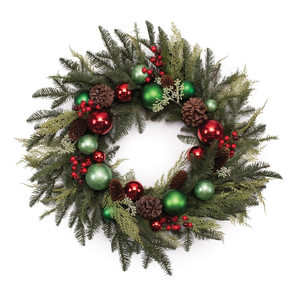 29" Green Red And Brown Artificial Pine Pinecone And Ornaments Christmas Wreath HomeRoots