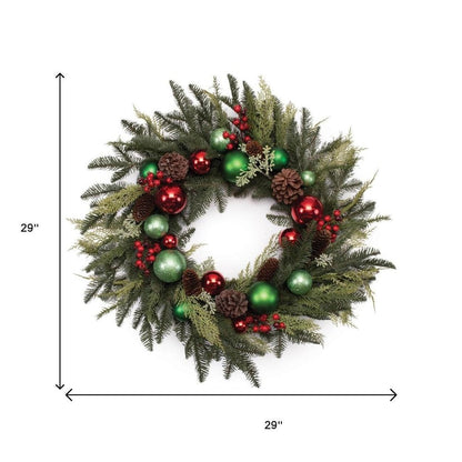 29" Green Red And Brown Artificial Pine Pinecone And Ornaments Christmas Wreath HomeRoots
