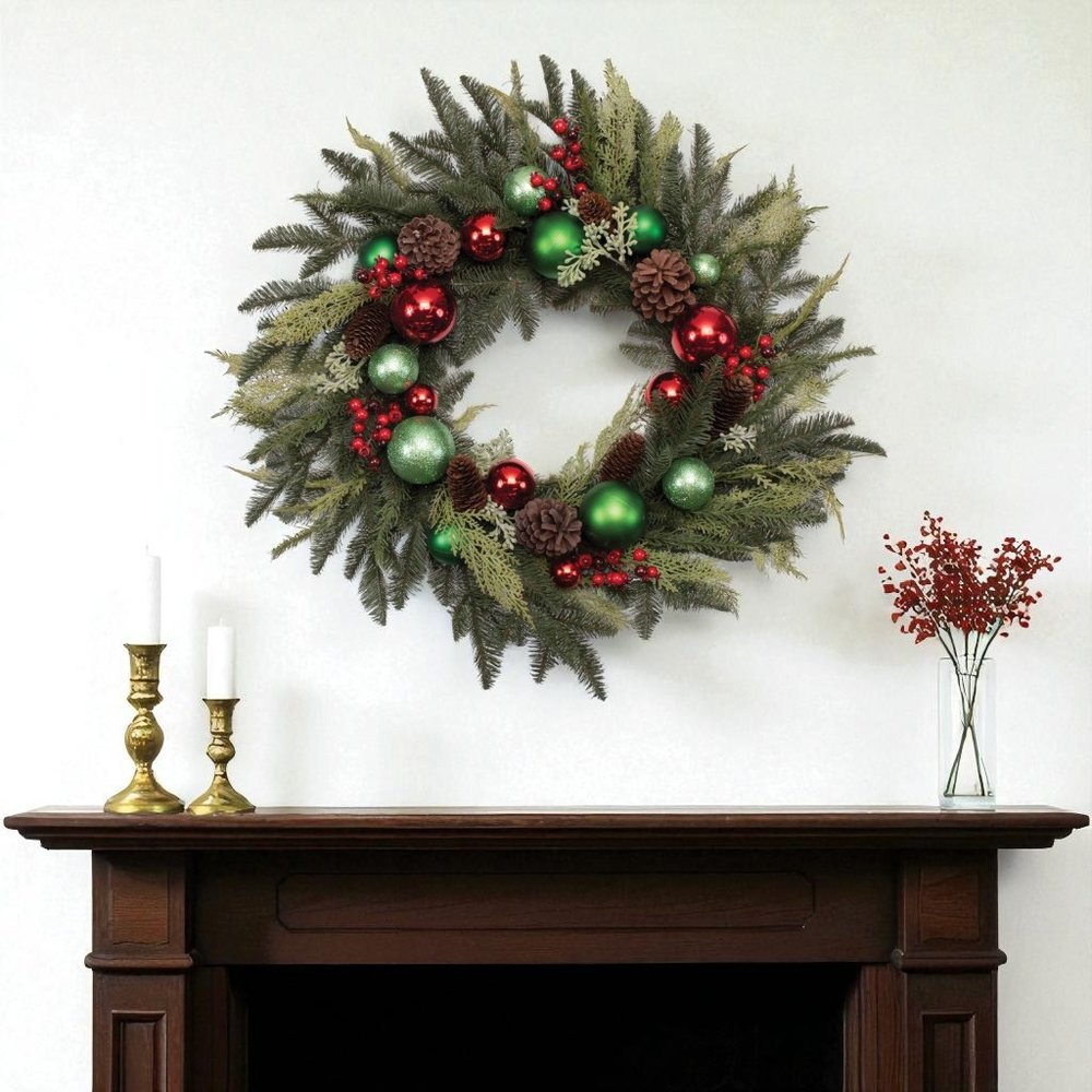 29" Green Red And Brown Artificial Pine Pinecone And Ornaments Christmas Wreath HomeRoots