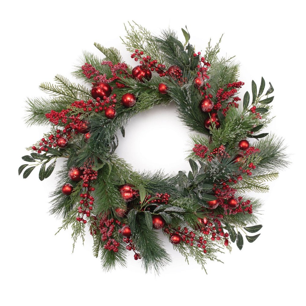 25" Green And Red Artificial Pine Berries And Ornaments Christmas Wreath HomeRoots