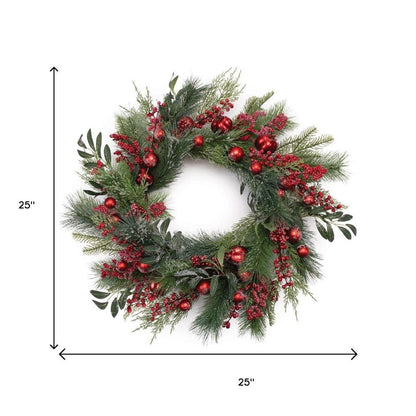 25" Green And Red Artificial Pine Berries And Ornaments Christmas Wreath HomeRoots